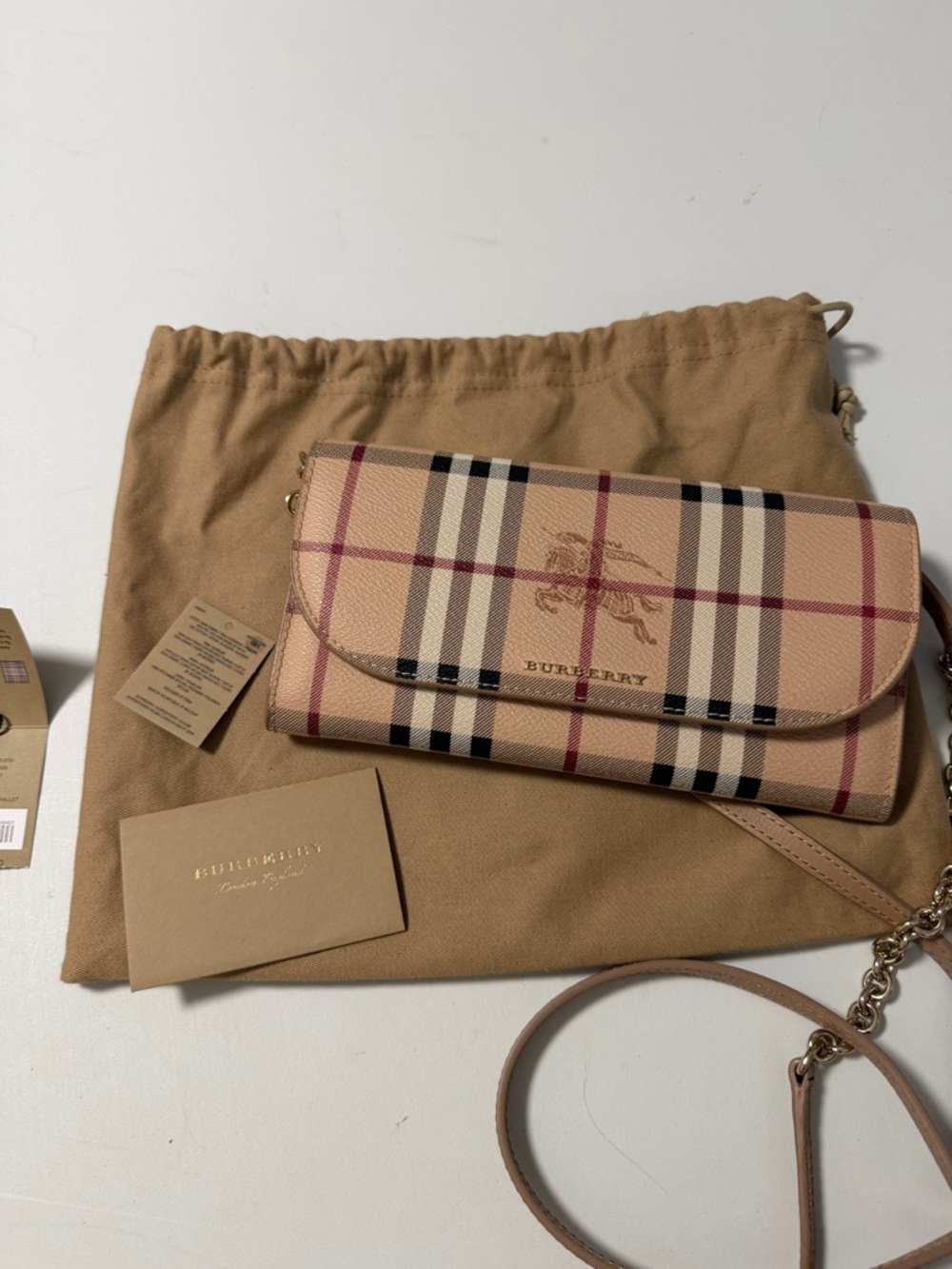 Burberry Tan Vintage Check Crossbody Wallet with Chain Strap